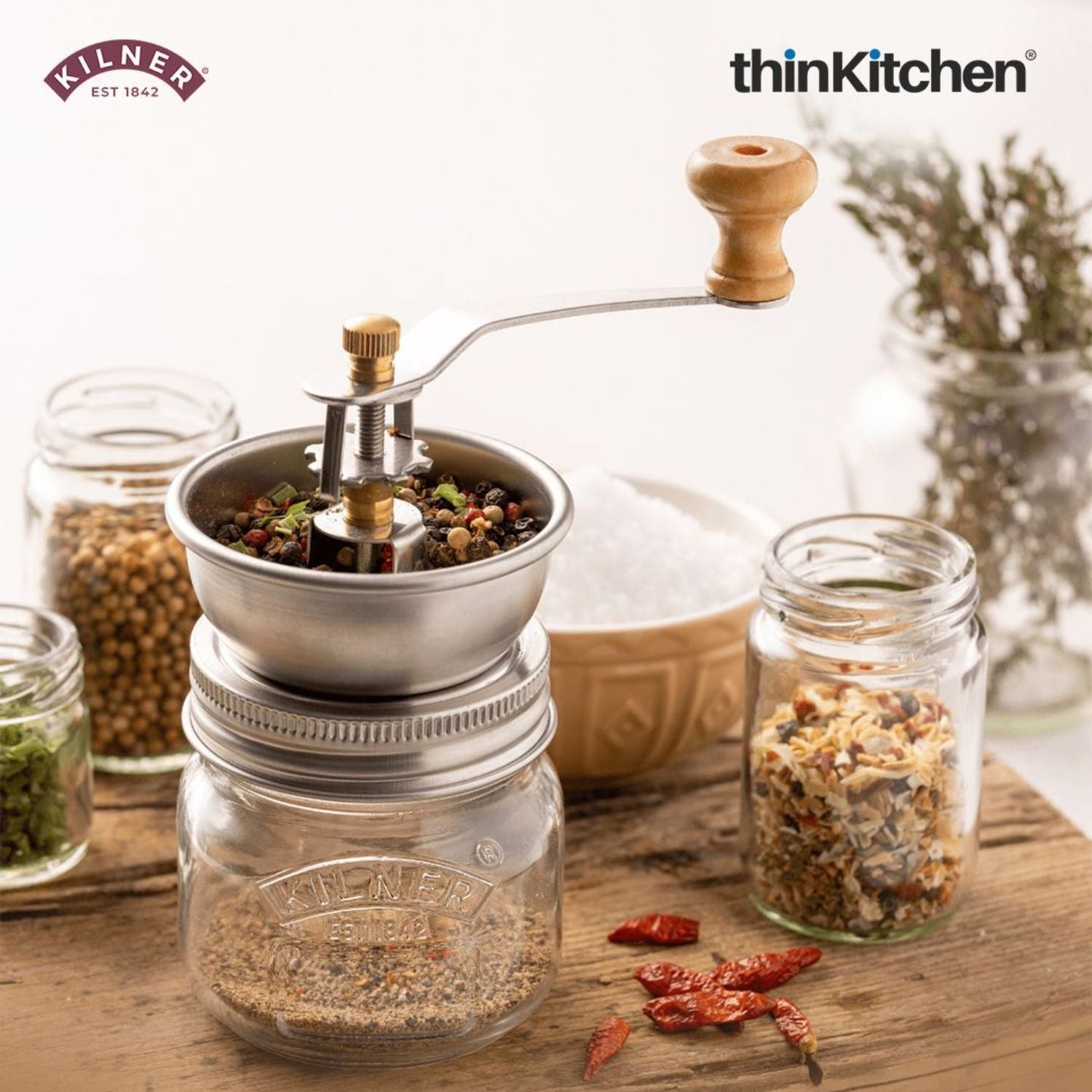 Kilner Glass Seasoning Grinder Set – 250ml Spice Grinder Jar for Dry Spices, Herbs & Salts
