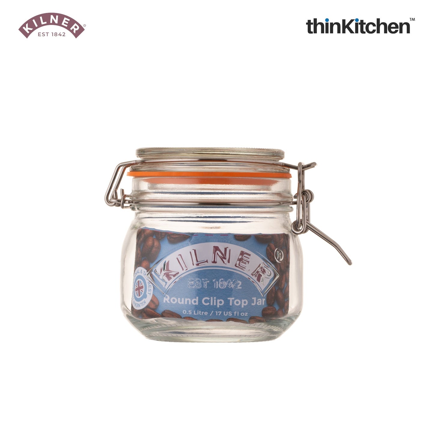 Kilner Round Clip Top Glass Jar 500 ml | Airtight 500ml Glass Jar with Glass Lid & Stainless-Steel Clip | Premium Food Storage Container for Jam, Chutneys, Tea, Coffee & Grains