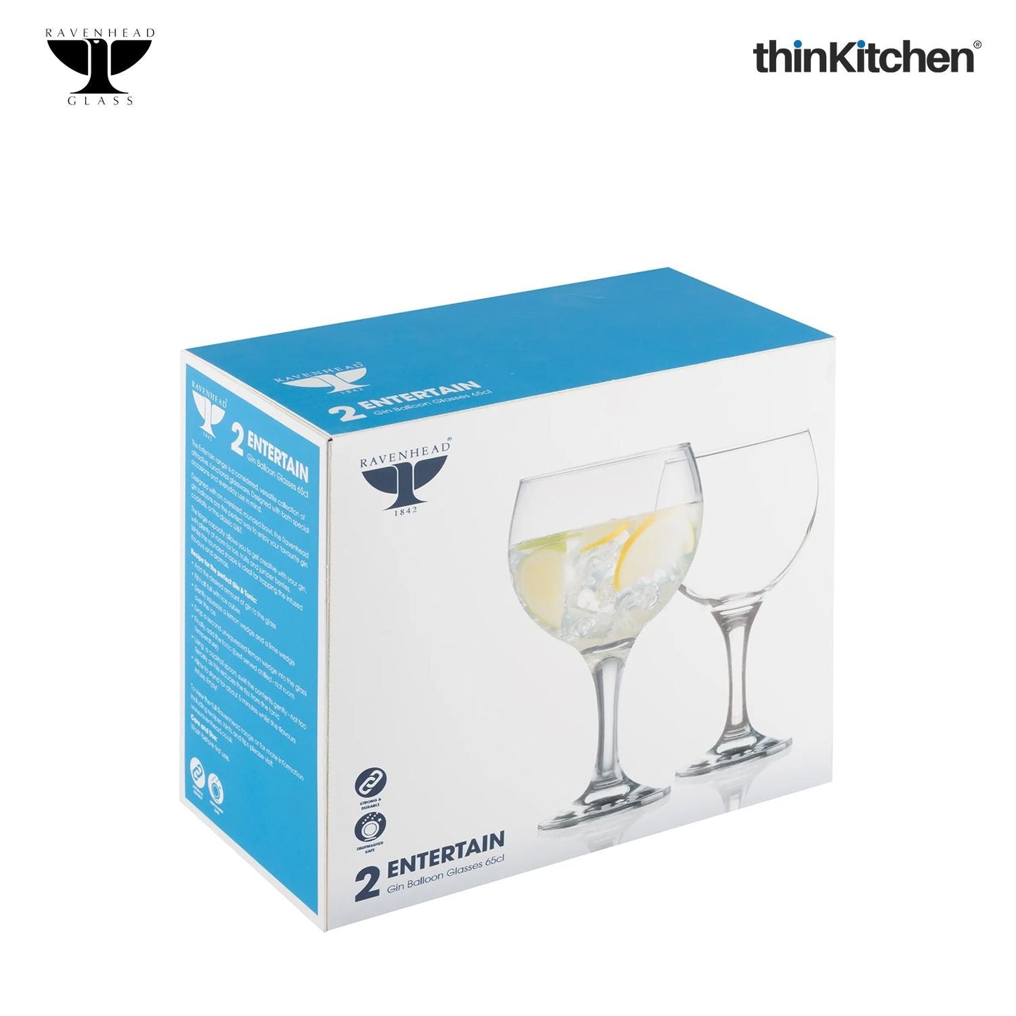 Ravenhead Entertain Set of 2 Gin Balloon Glasses | Large 65cl Balloon Glassware for Cocktails & G&T | Durable Dishwasher Safe