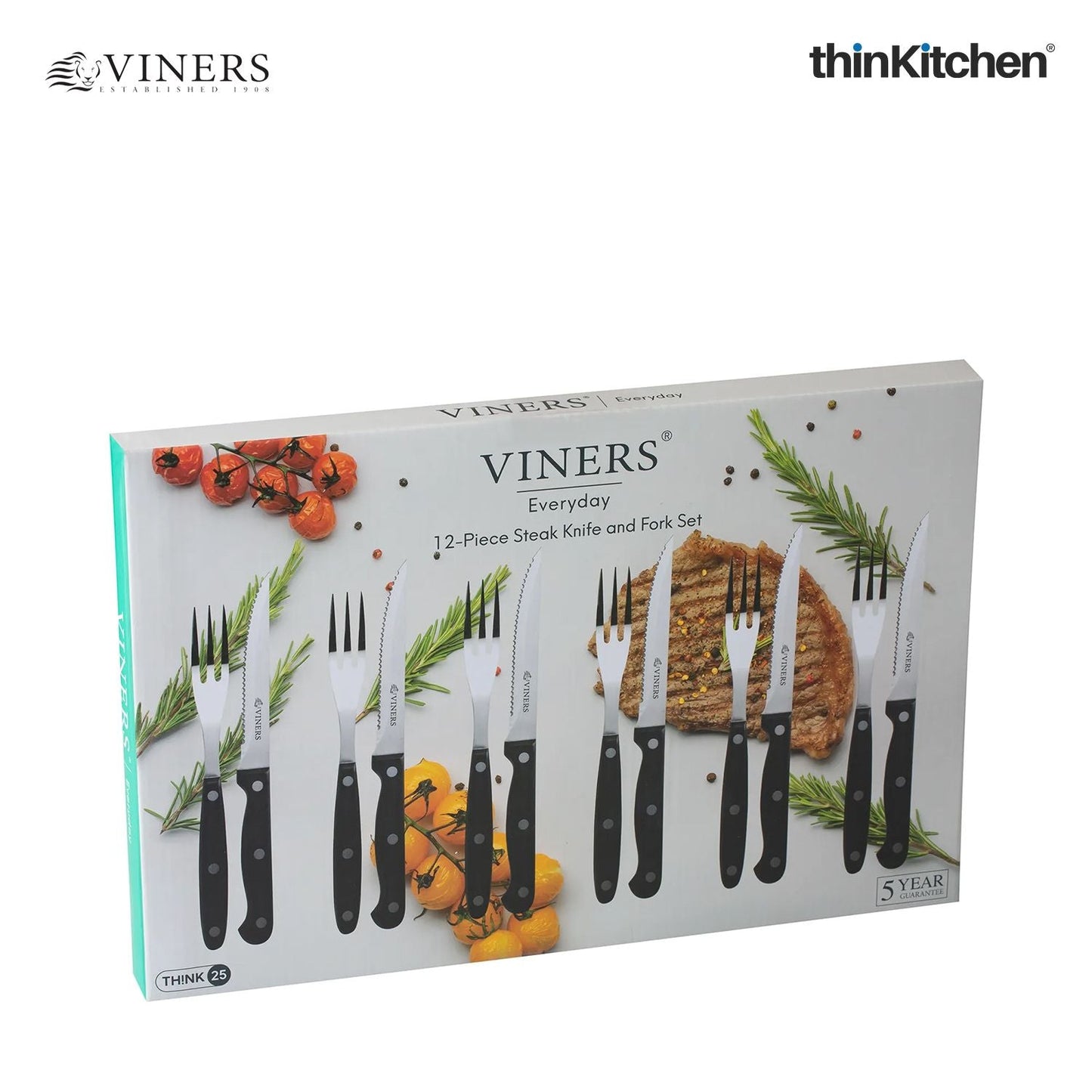 Viners Everyday 12 Piece Silver Stainless Steel Steak Knife and Fork Set