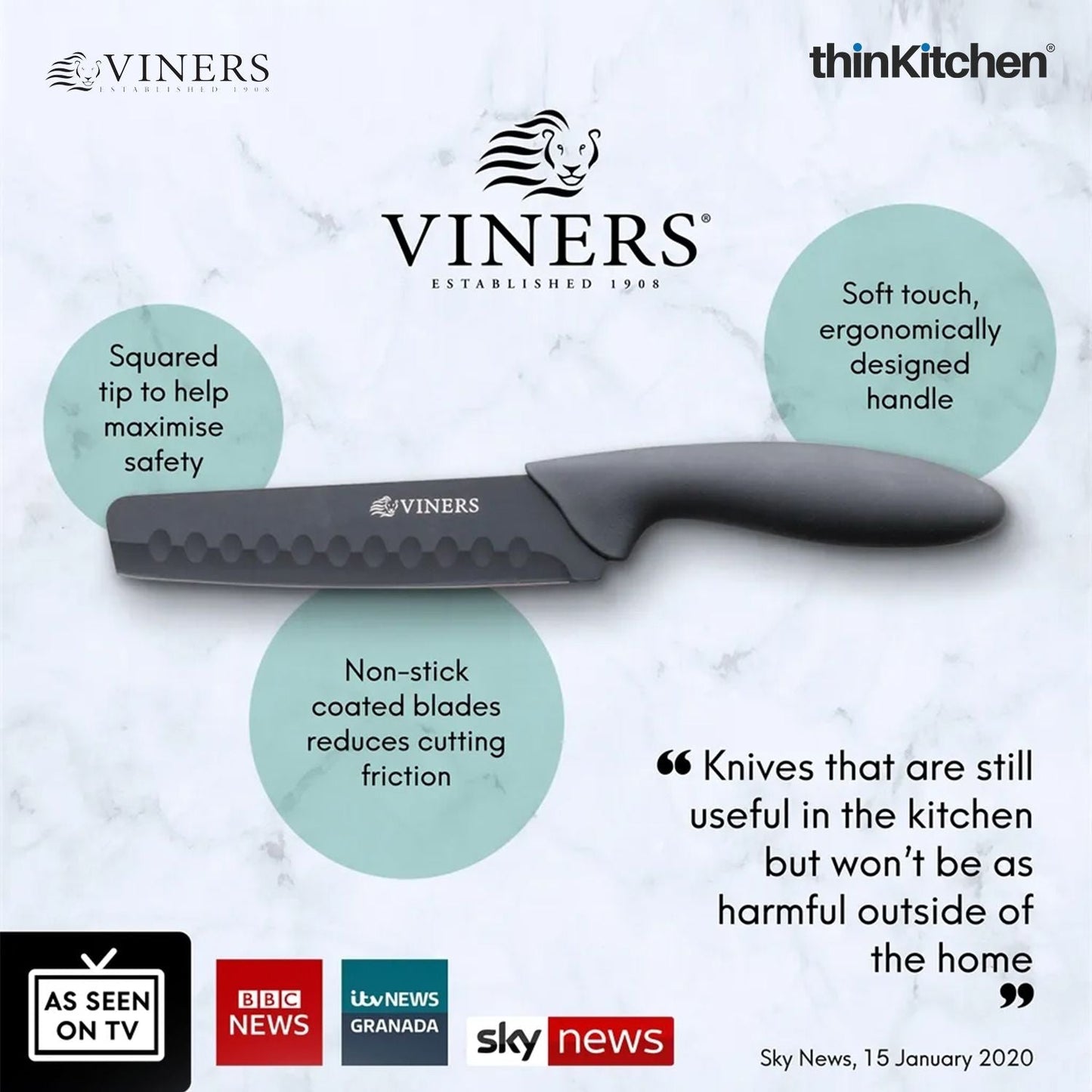 Viners Assure 8” Stainless Steel Chef Soft Grip Handle Safety Kitchen Knife, Black