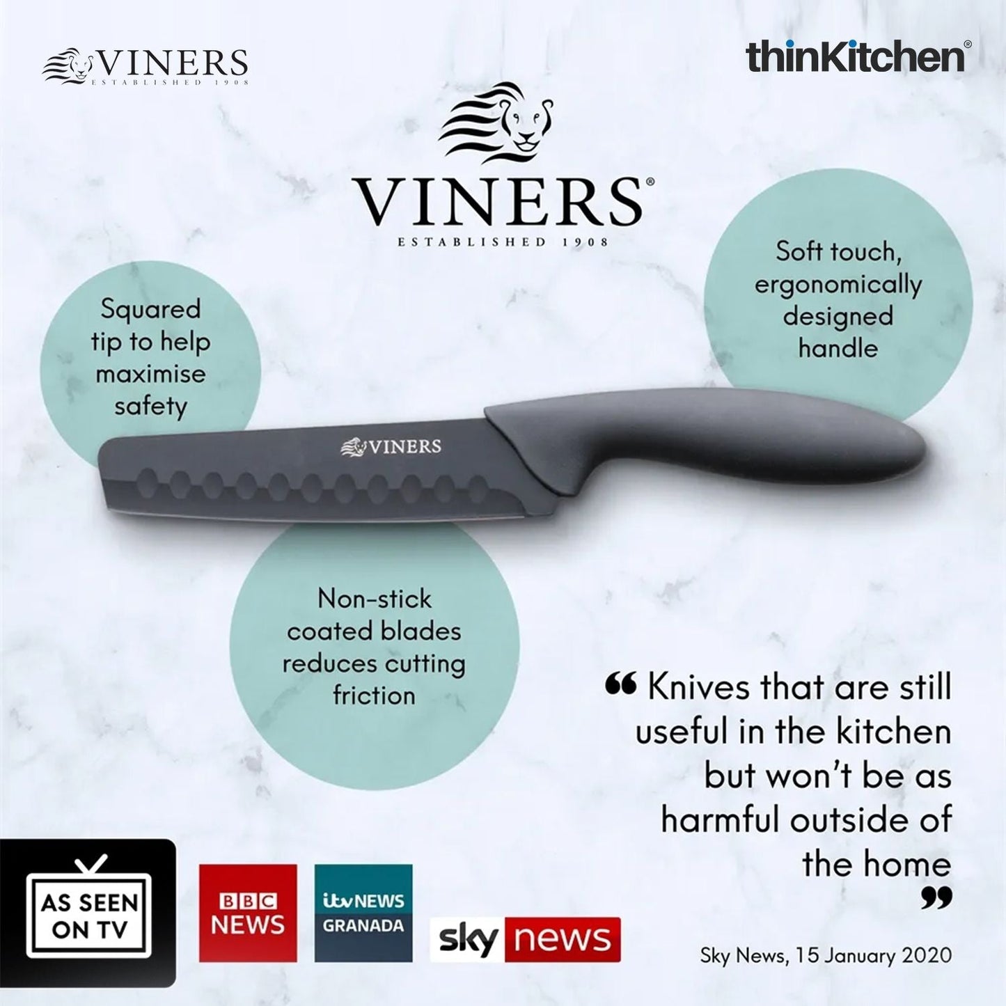 Viners Assure 8” Stainless Steel Bread Soft Grip Handle Safety Knife, Black
