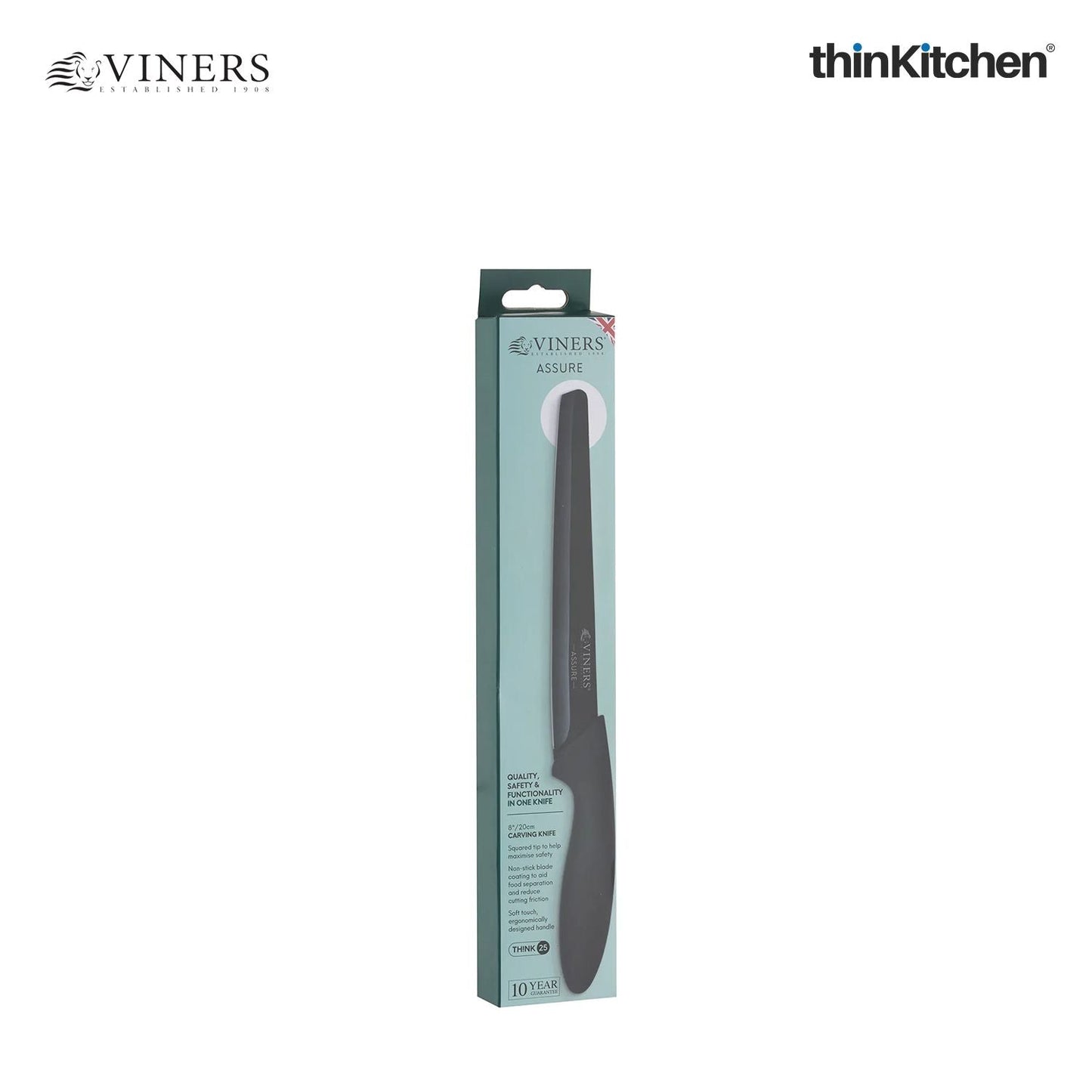 Viners Assure 8” Stainless Steel Carving Soft Grip Handle Safety Kitchen Knife, Black