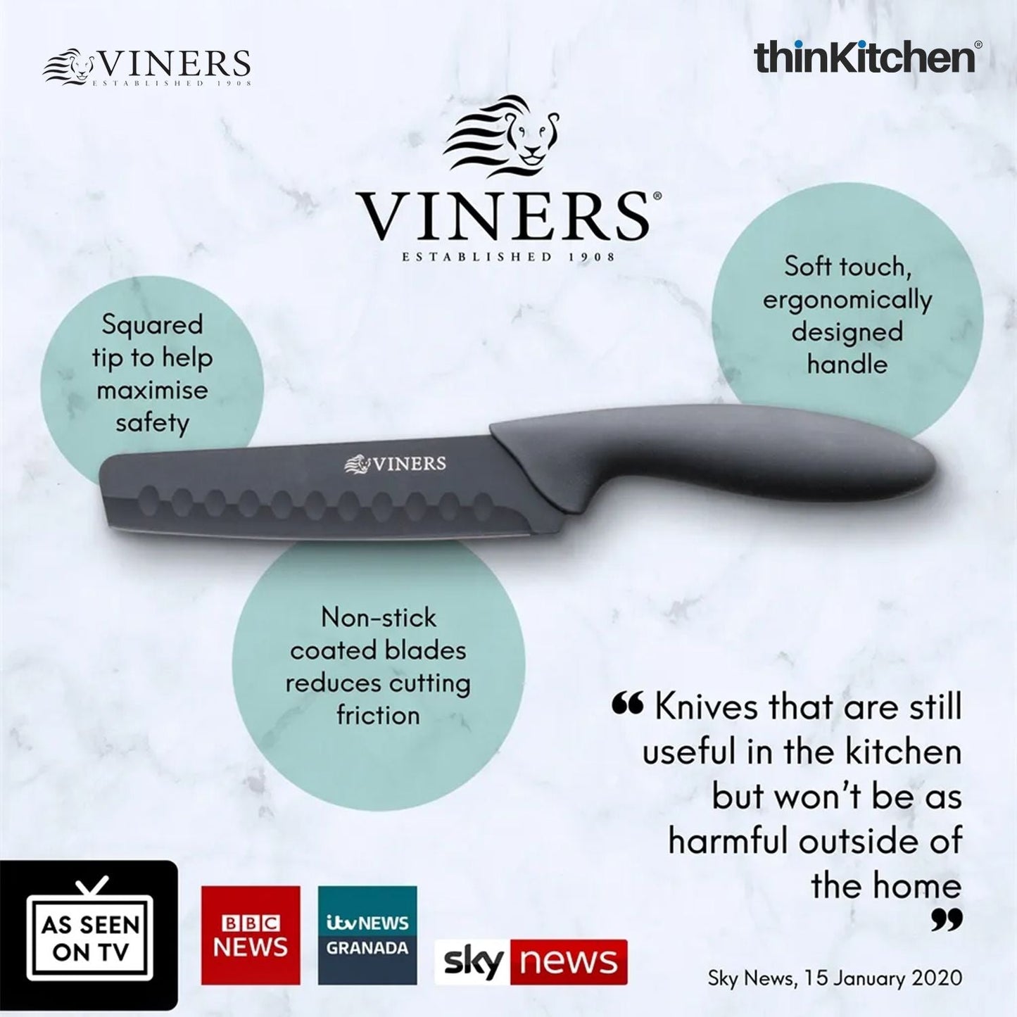 Viners Assure Set of 5 Safety Kitchen Knives & Universal Knife Holder, Black | Best Kitchen Knife Set