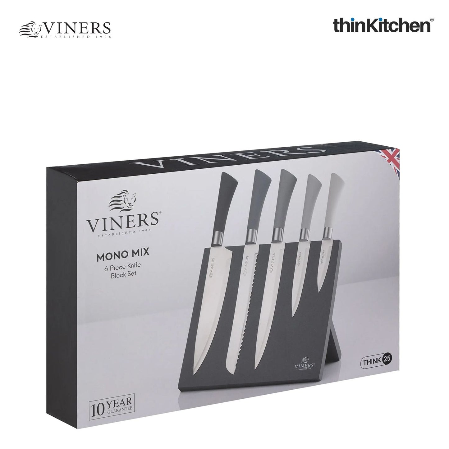 Viners Mono Mix 6 Piece Knife Block Giftbox Set – Stainless Steel Knives with Magnetic Block