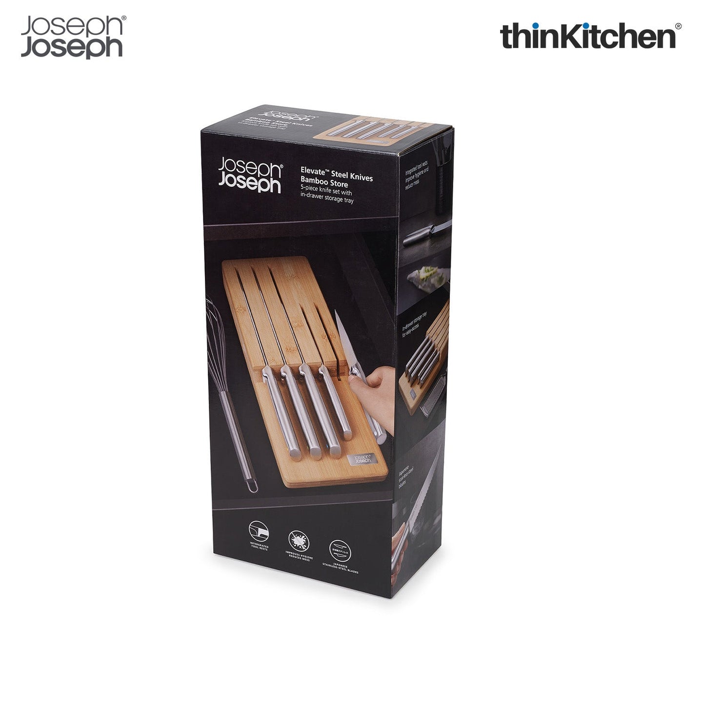 Joseph Joseph Elevate Professional Knife Set – 5 Japanese Stainless Steel Kitchen Knives with Bamboo Drawer Block | Chef Knife Set for Precision Cooking & Organized Storage
