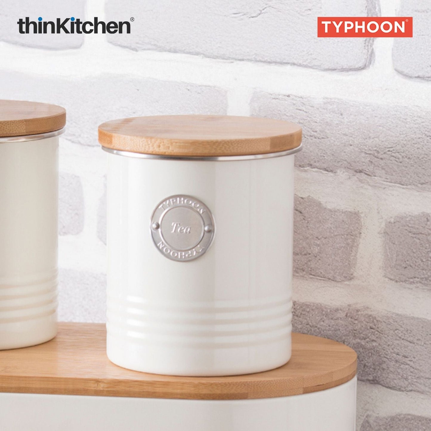 Typhoon Living Premium Tea Storage Canister - Cream, 1 Litre|Airtight Metal Jar with Bamboo Lid, Kitchen Countertop Storage Container