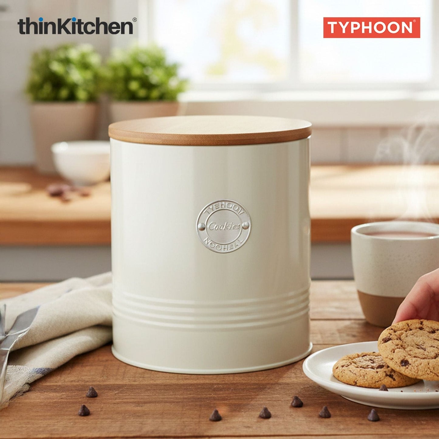 Typhoon Living Premium Cookie Storage Canister - Cream, 3 Litre|Airtight Metal Jar with Bamboo Lid for Biscuits , Kitchen Countertop Storage Container