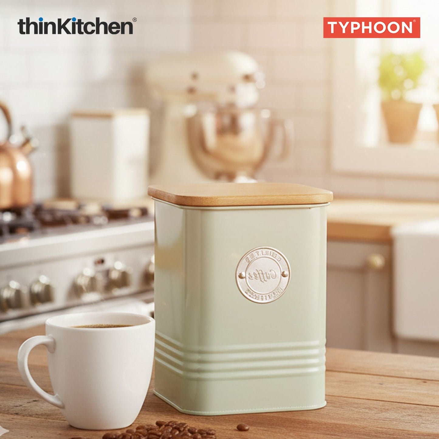 Typhoon Squircle Premium Coffee Storage Canister - Mint Green, 1.3 Litre|Square Airtight Metal Jar with Bamboo Lid, Kitchen Countertop Storage Container