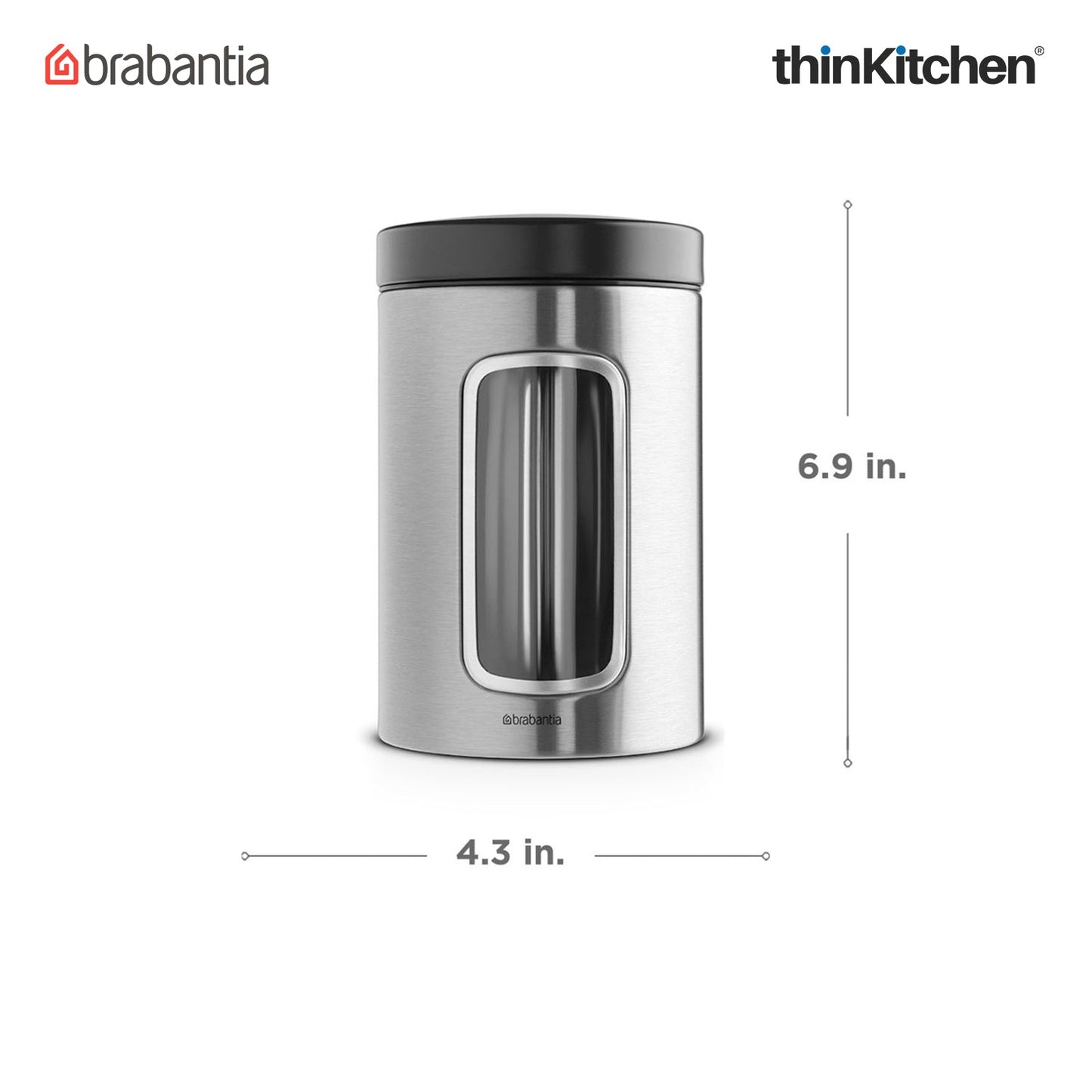 Brabantia, Food Enjoyment, Window Canister Set, 1.4 Litre, 3 Piece, Matt Steel Fingerprint Proof / Matt Black Lid