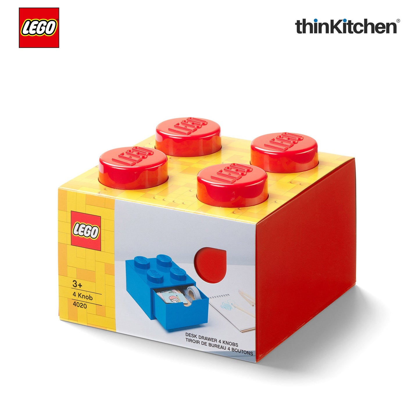 LEGO Small Stackable Storage Box with Drawer - 4 Knobs, 2.9 L, Red | Plastic Desk Organizer, Toy Storage Box