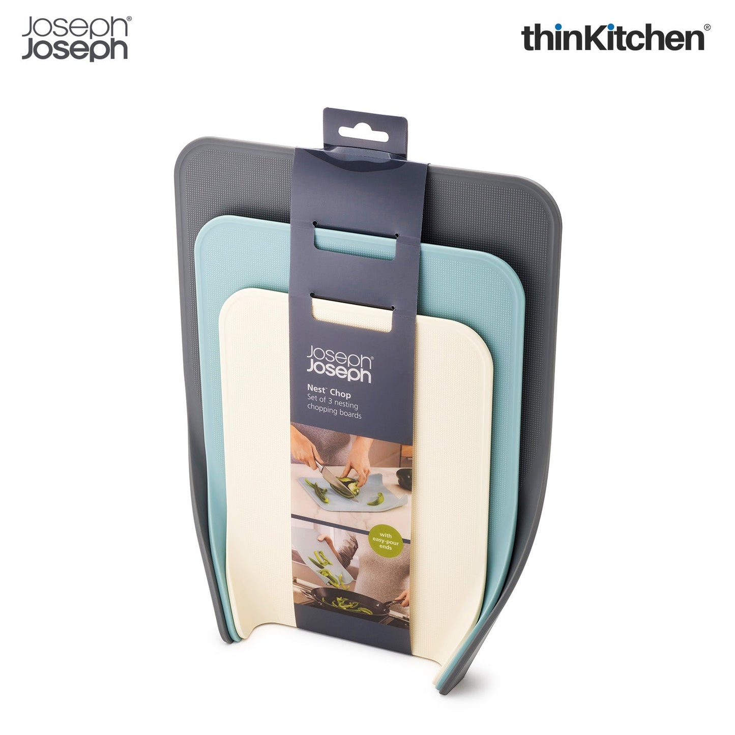 Joseph Joseph 60122 3 Piece Nest Chop Set of Nesting Plastic Cutting Boards, 13.25" x 10", Gray