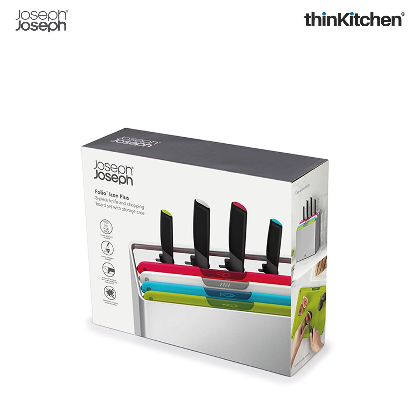 Joseph Joseph Folio Icon Plus 8-Piece Knife & Chopping Board Set | Stylish Chopping Board and Knife Set for Hygienic, Organised Prep