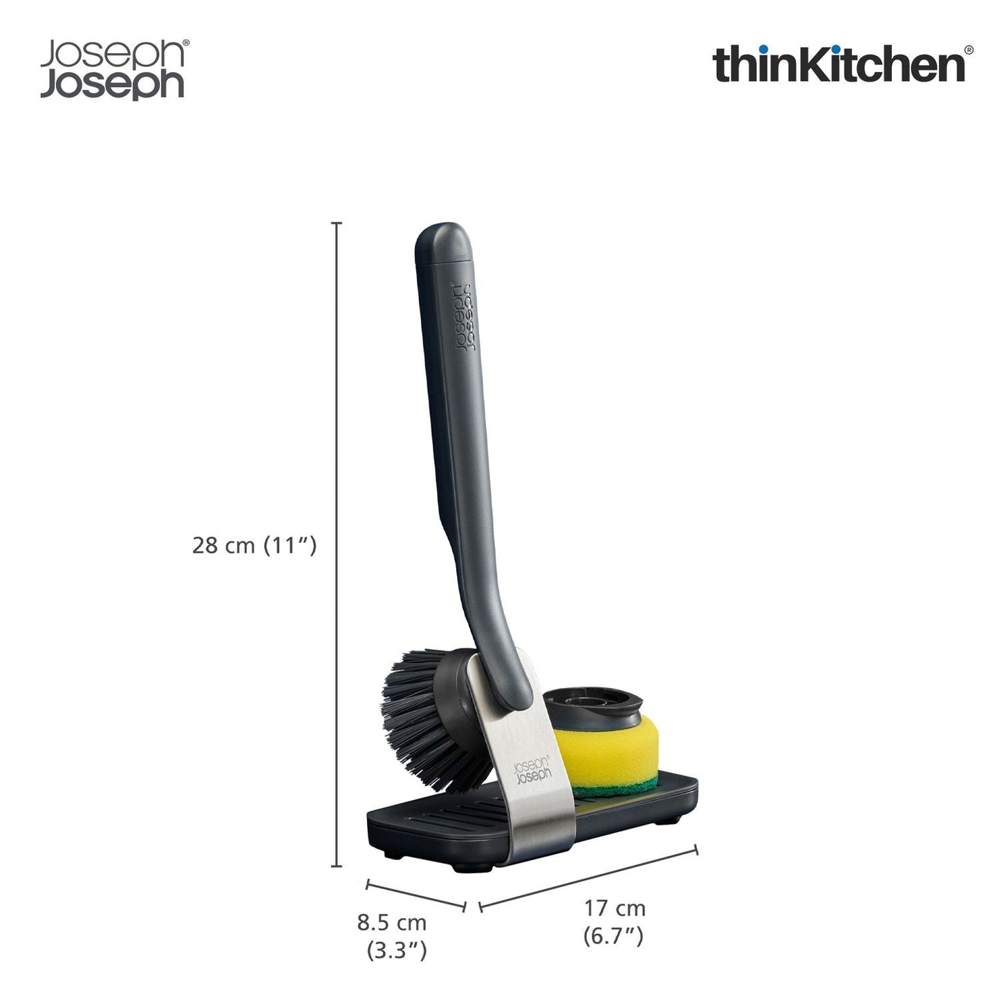 Joseph Joseph SinkTech Dish Brush and Sponge Set with Large Stainless-Steel Storage Stand, Durable Bristles, Replaceable Heads