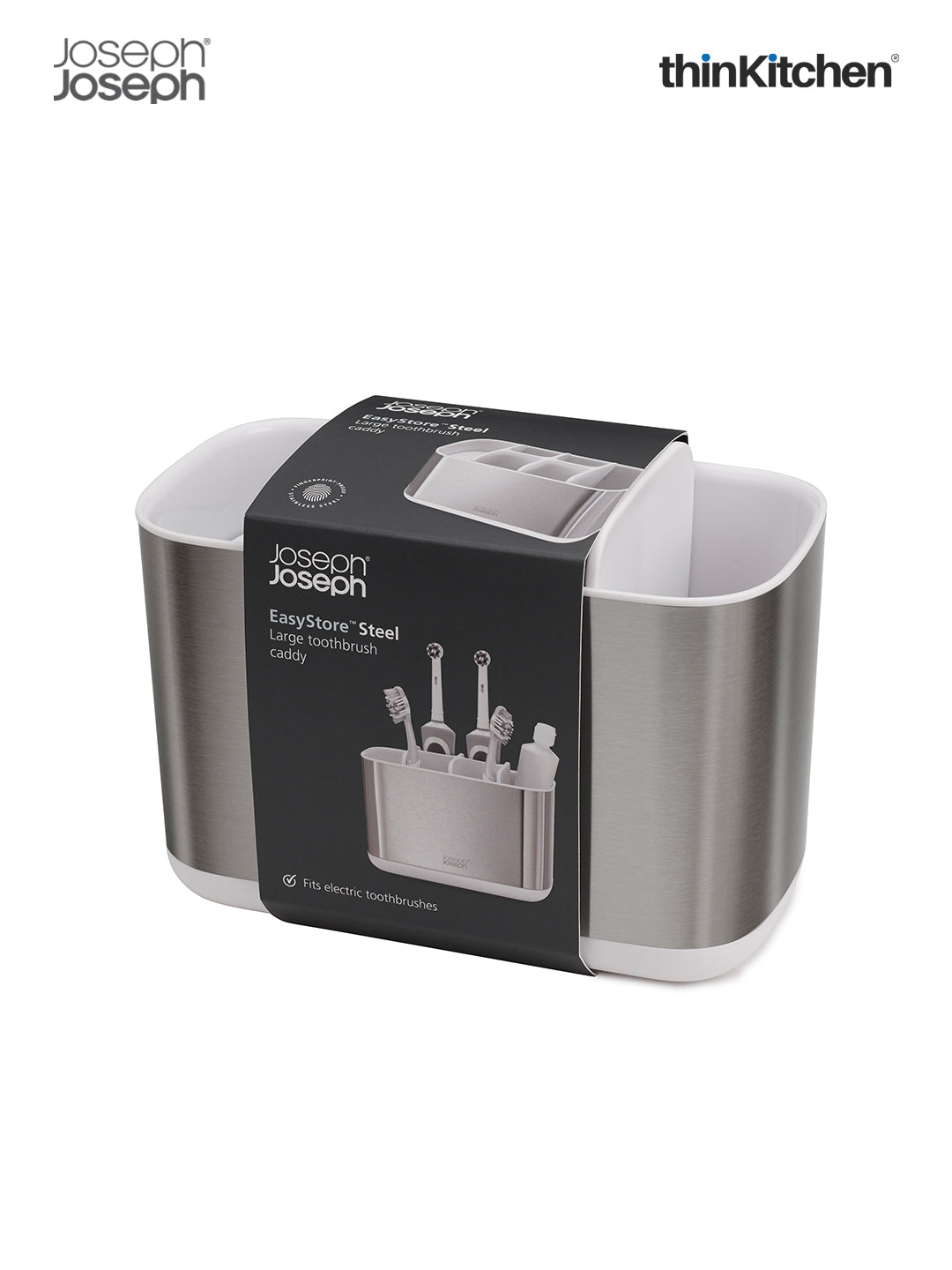 Joseph Joseph EasyStore Steel Toothbrush Caddy – Sleek & Hygienic Bathroom Organizer, Large, White
