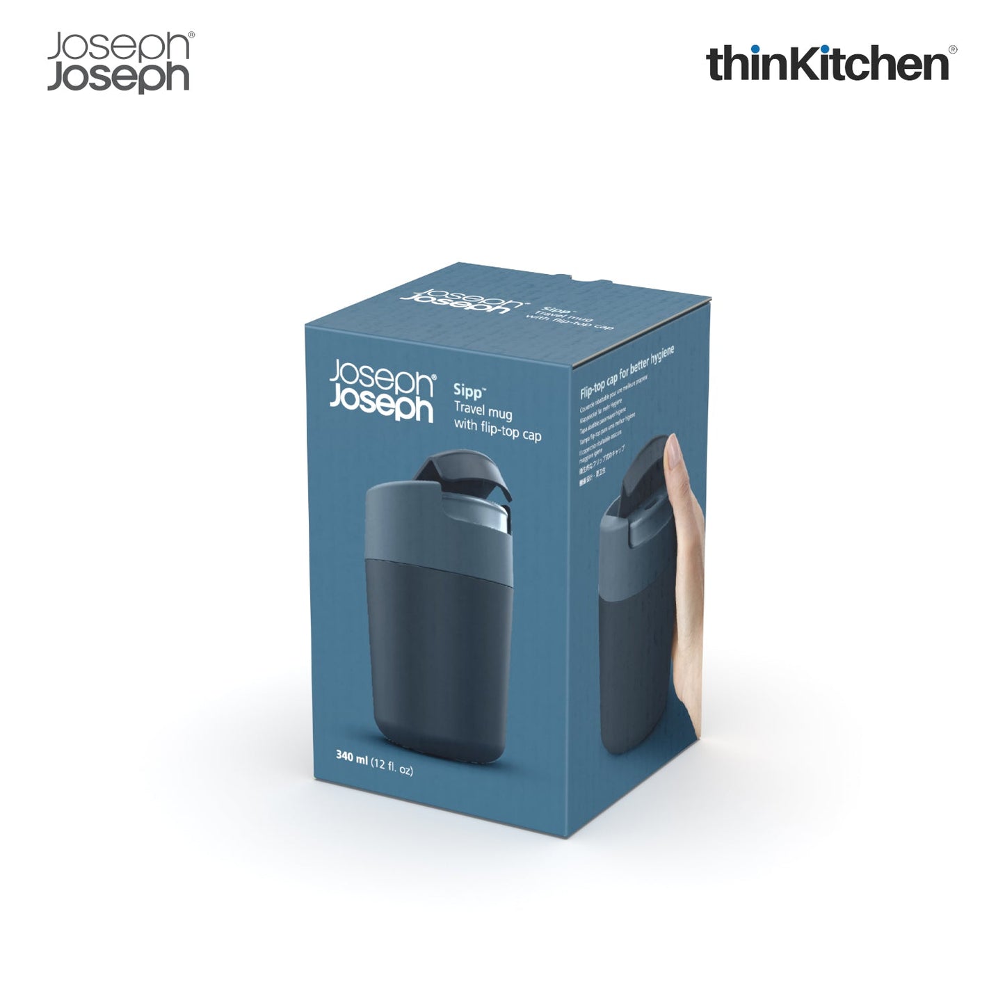 Joseph Joseph Sipp Travel Mug 340 ml | Blue Reusable Coffee Cup with Hygienic Flip-Top Lid | Leakproof Coffee Tumbler with Non-Slip Grip | BPA-Free Travel Mug for On-the-Go
