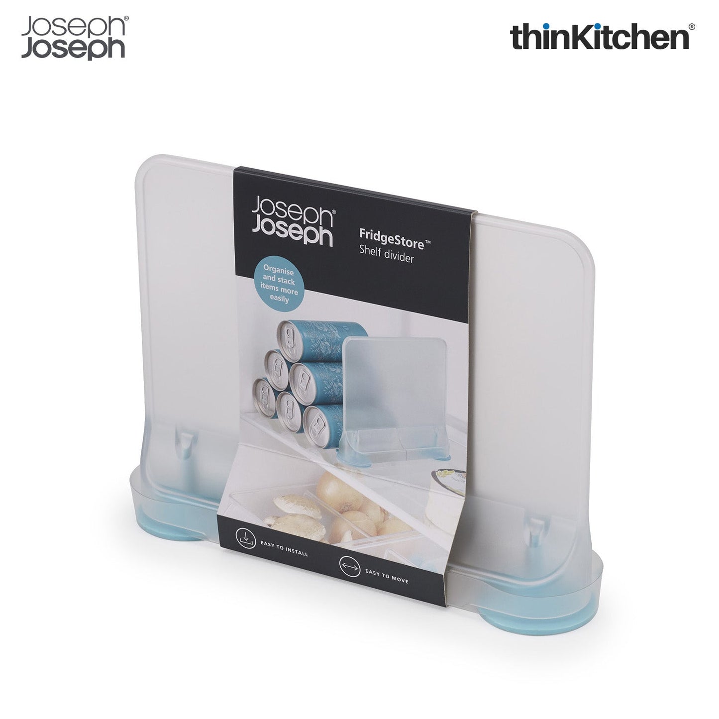 Joseph Joseph FridgeStore Under-Shelf Storage Drawer – BPA-Free Refrigerator Divider with Suction Cups for Shelf Organisation – Easy-Clean, Removable Fridge Shelf Divider for Cans & Bottles, Clear/Blue