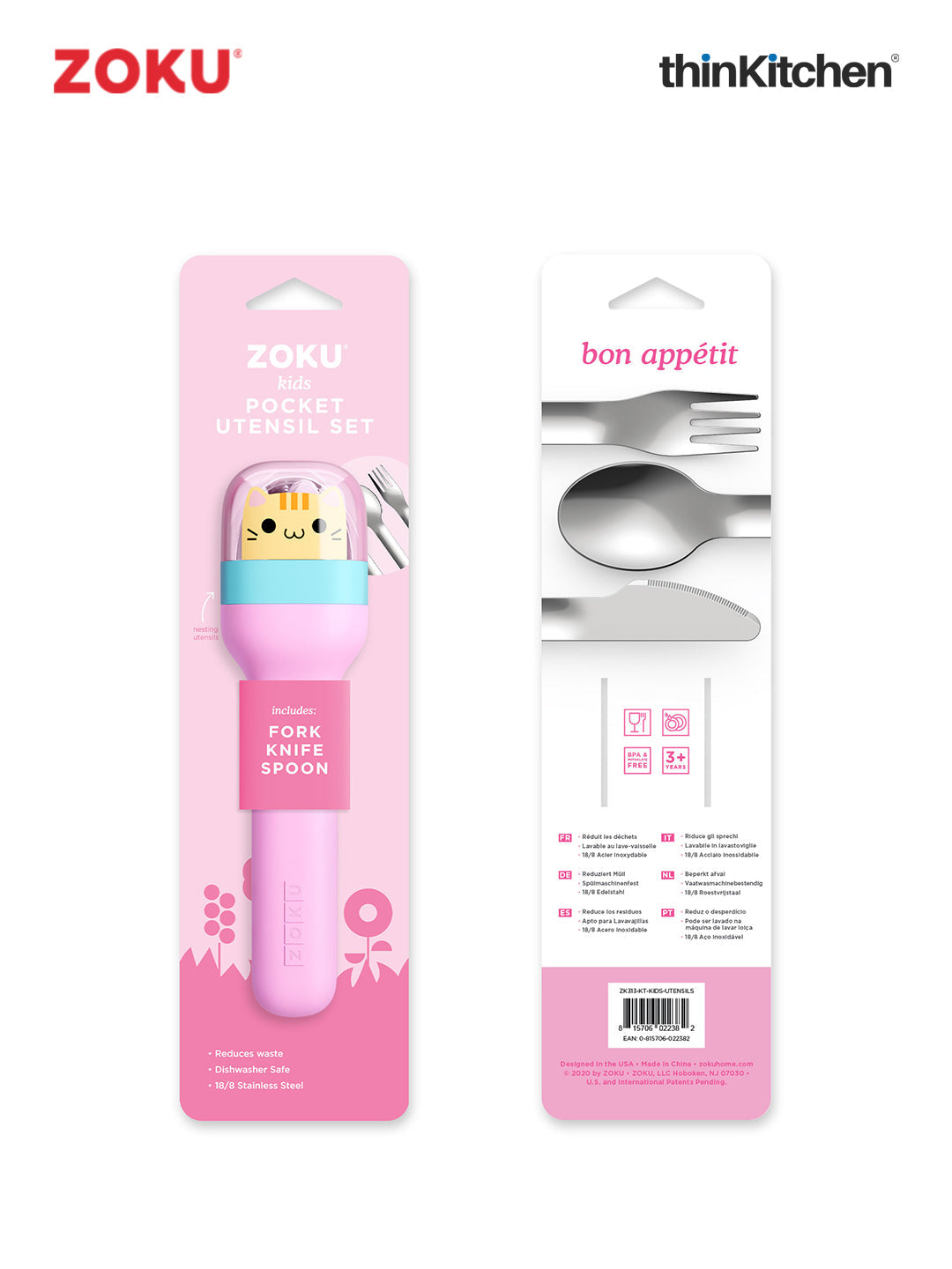 Kitty Kids Pocket Utensil Set – Durable 18/8 Stainless Steel Spoon, Fork & Knife with Slim Travel Case | BPA & Phthalate Free | Compact, Easy-to-Clean Kids Cutlery for Backpack & Lunchbox