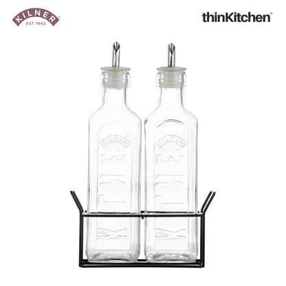 Kilner Set Of 2 Oil Bottle & Metal Rack ,0.6 Litre