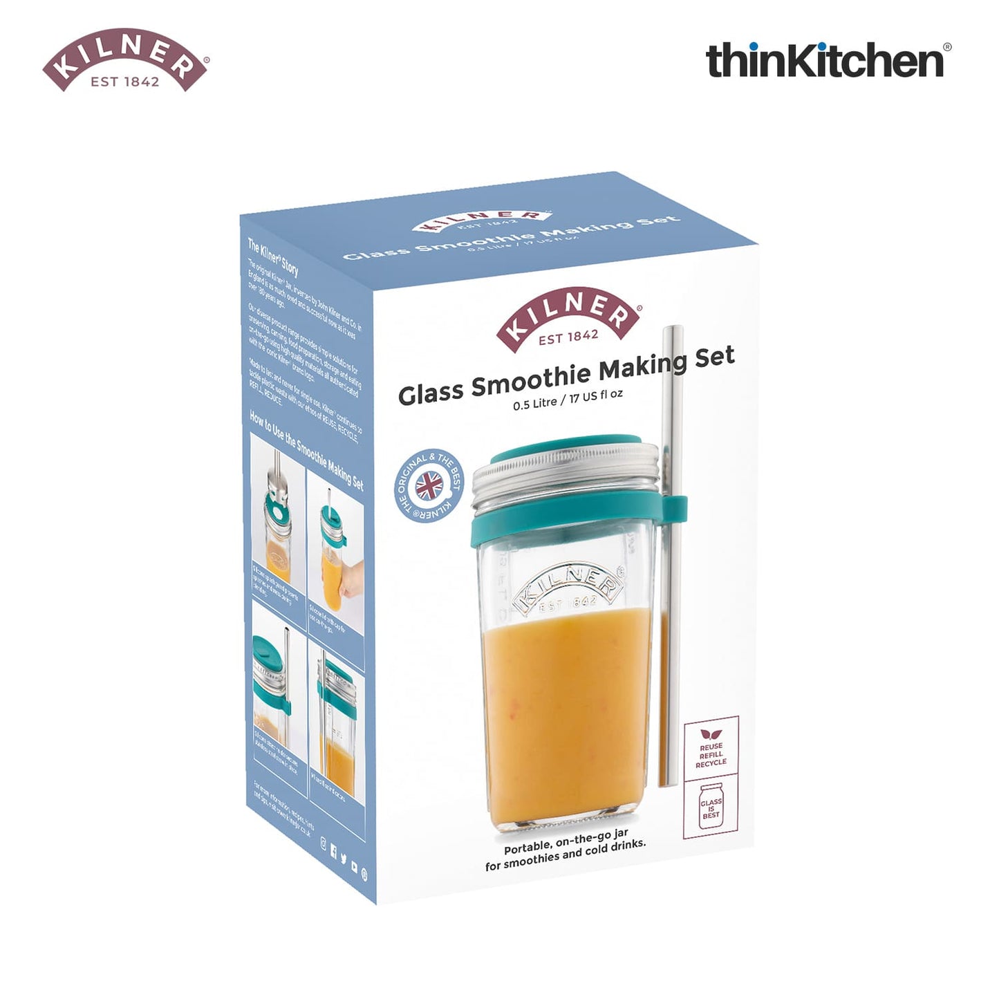 Kilner Smoothie Making Set | Smoothie Glass with Straw | Reusable Smoothie Glass Jar for Homemade Drinks