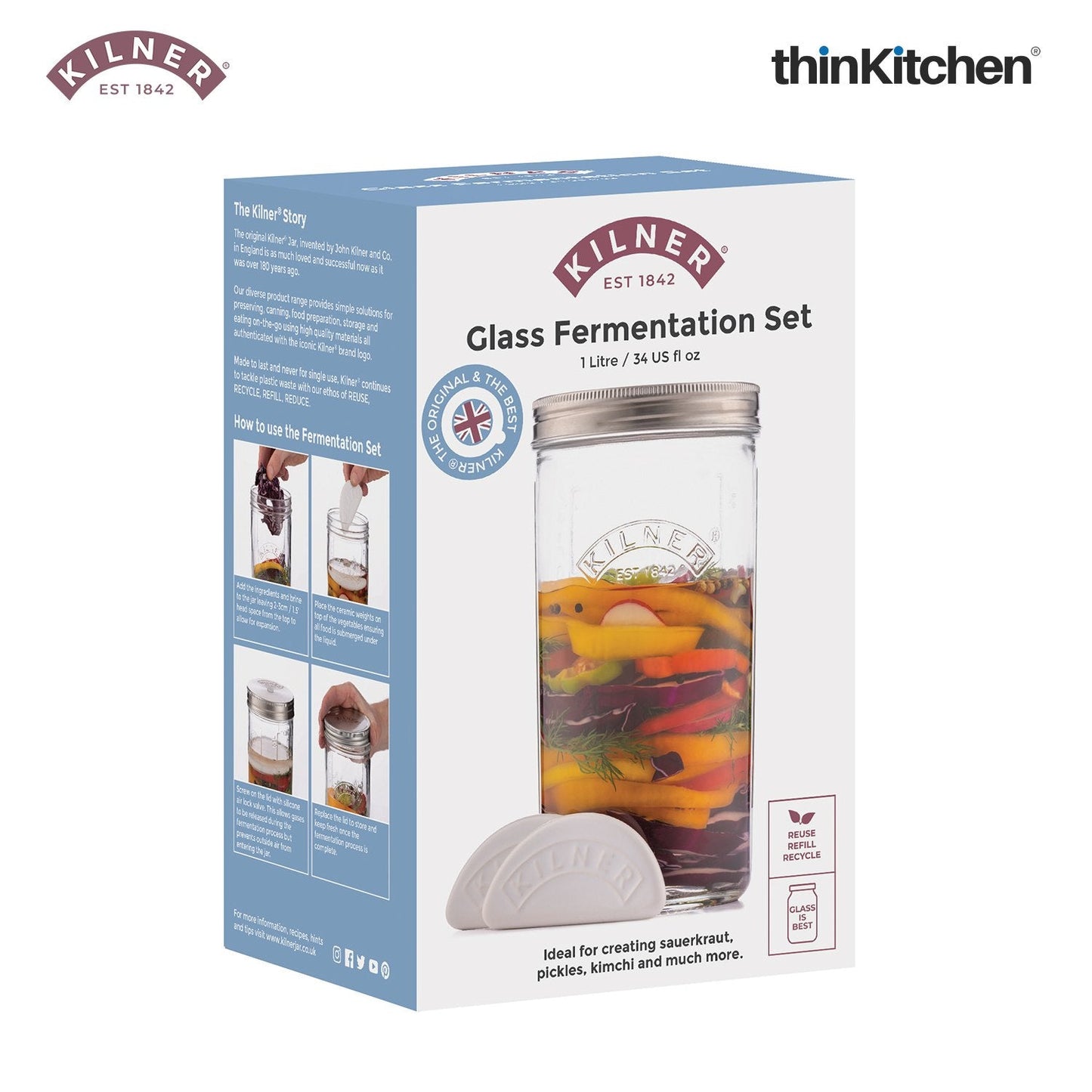 Kilner Glass Fermentation Jar Set – 1 Litre | Premium Sodalime Glass | Includes Ceramic Weights, Stainless Steel Lid & Recipe Booklet | Durable, Reusable & Sustainable