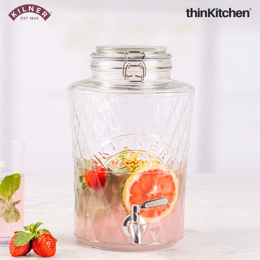 Kilner Premium 5L Airtight Clip Top Glass Drinks Dispenser with Tap for Beer, Detox Water, Juice, Cocktails, Beer, Water Pitcher | Diamond Cut Design, BPA Free, Transparent, Reusable