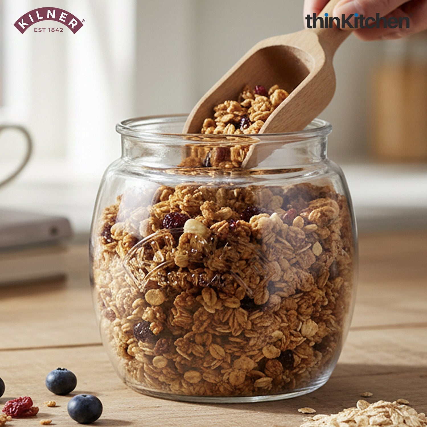Kilner Premium 850ml Universal Airtight Glass Jar with Push Top Wooden Lid for Dry Food Like Grains, Pulses, Spices, And Cereals | Transparent, BPA Free, Reusable Kitchen Storage Container - 1