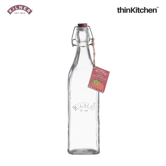 Kilner Glass Square Clip Top Water Bottle | 1 Litre Juice Preserver Bottle | Premium Square Shape 1L Glass Water Bottle with Airtight Stainless-Steel Clip & Silicone Seal
