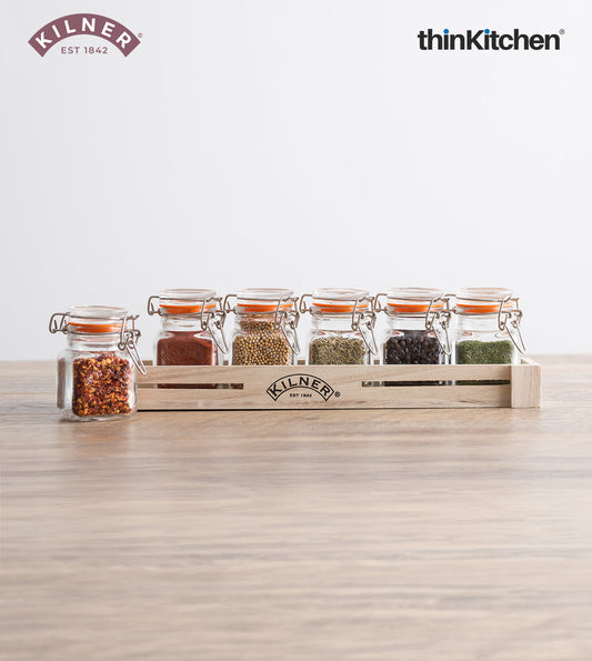 Kilner Glass Spice Jar Set with Wooden Rack | 70ml Airtight Clip Top Seasoning & Masala Storage Jars