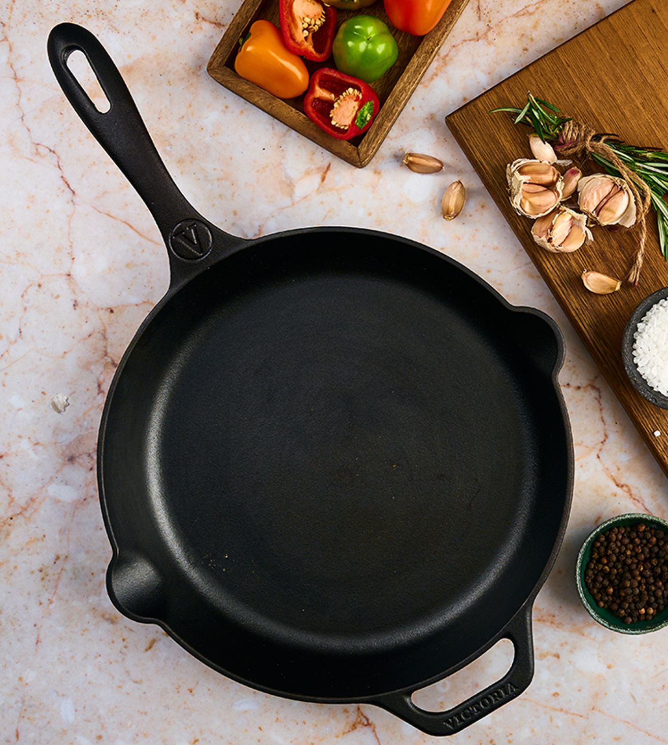 Victoria Cast Iron Skillet Large Frying Pan with Helper Handle Seasoned with 100% Kosher Certified Non-GMO Flaxseed Oil, 12 Inch, Black