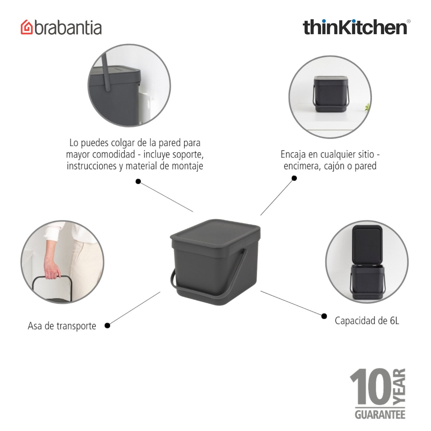 Brabantia, Sort&Go, Dustbin, Sort & Go Waste Bin, 6 Litre, Grey - 6