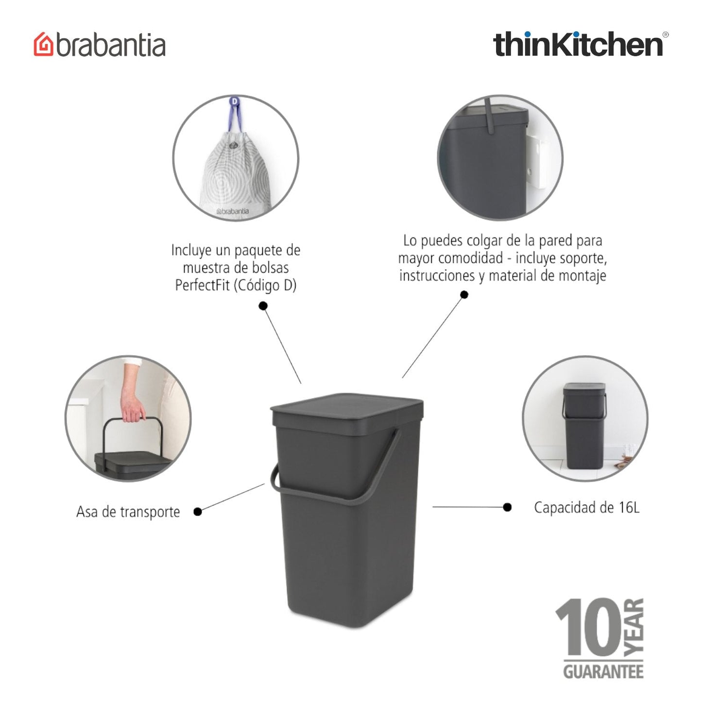 Brabantia, Sort&Go, Dustbin, Sort & Go Waste Bin, 16 Litre, Grey