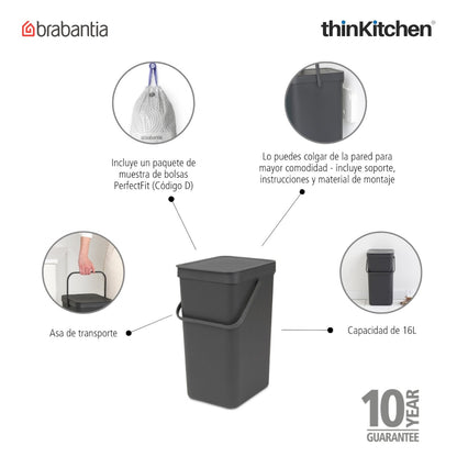 Brabantia, Sort&Go, Dustbin, Sort & Go Waste Bin, 16 Litre, Grey