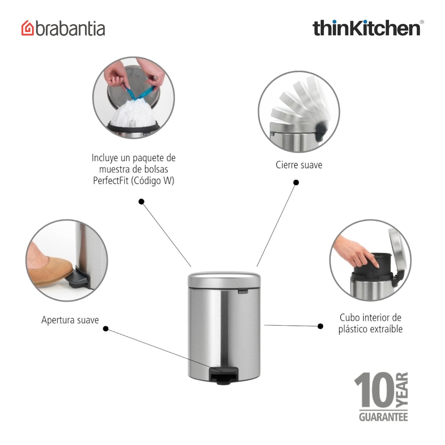 Brabantia, Waste Management, Dustbin, NewIcon Pedal Bin, 5 Litre, Plastic Bucket, Matt Steel