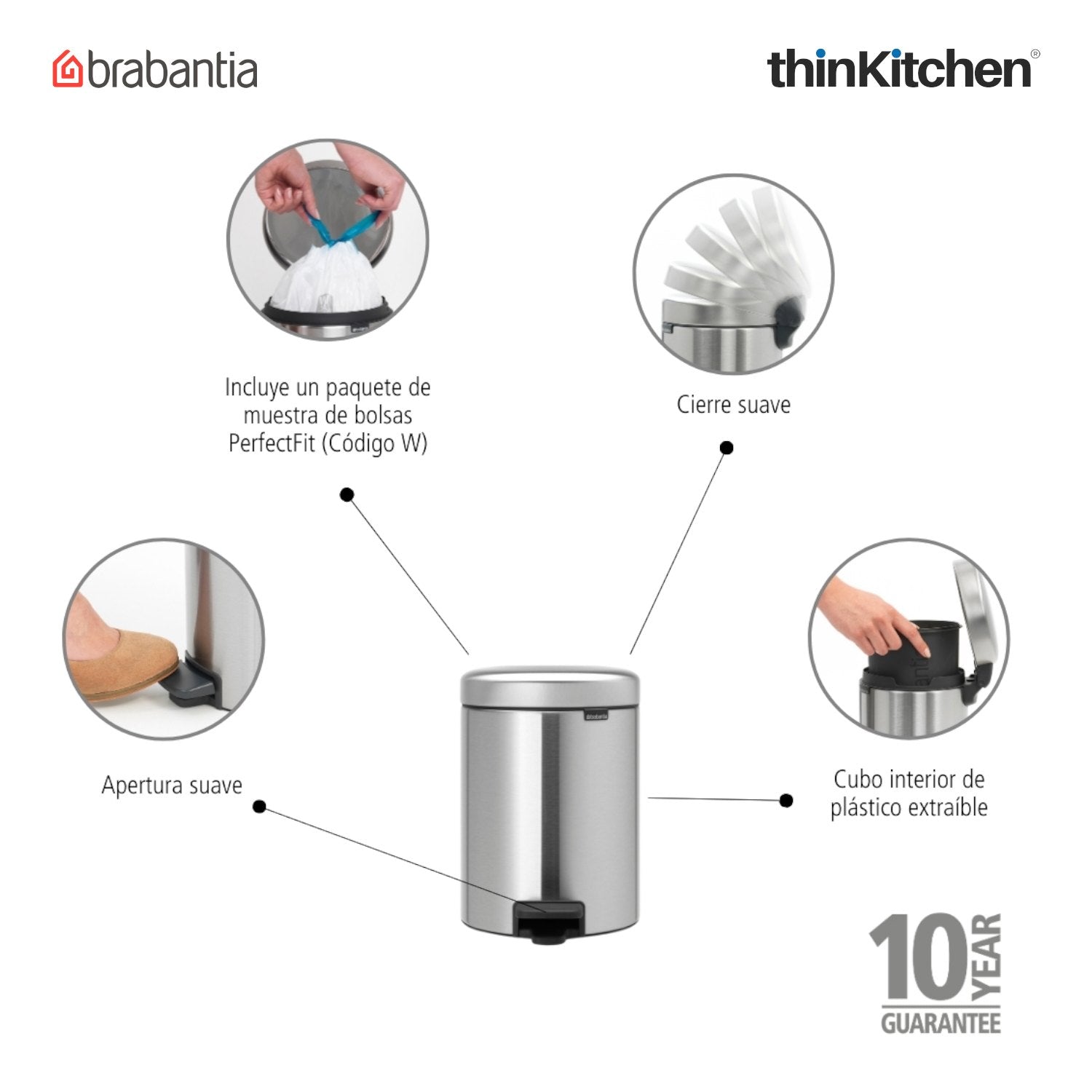 Brabantia, Waste Management, Dustbin, NewIcon Pedal Bin, 5 Litre, Plastic Bucket, Matt Steel - 4