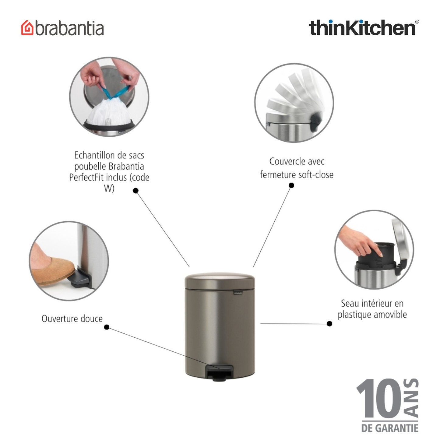 Brabantia, Waste Management, Dustbin, NewIcon Pedal Bin, 5 Litre, Plastic Bucket, Platinum