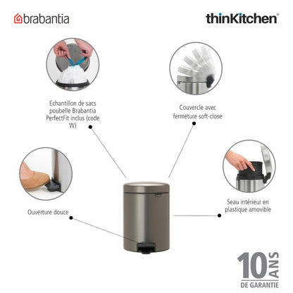 Brabantia, Waste Management, Dustbin, NewIcon Pedal Bin, 5 Litre, Plastic Bucket, Platinum