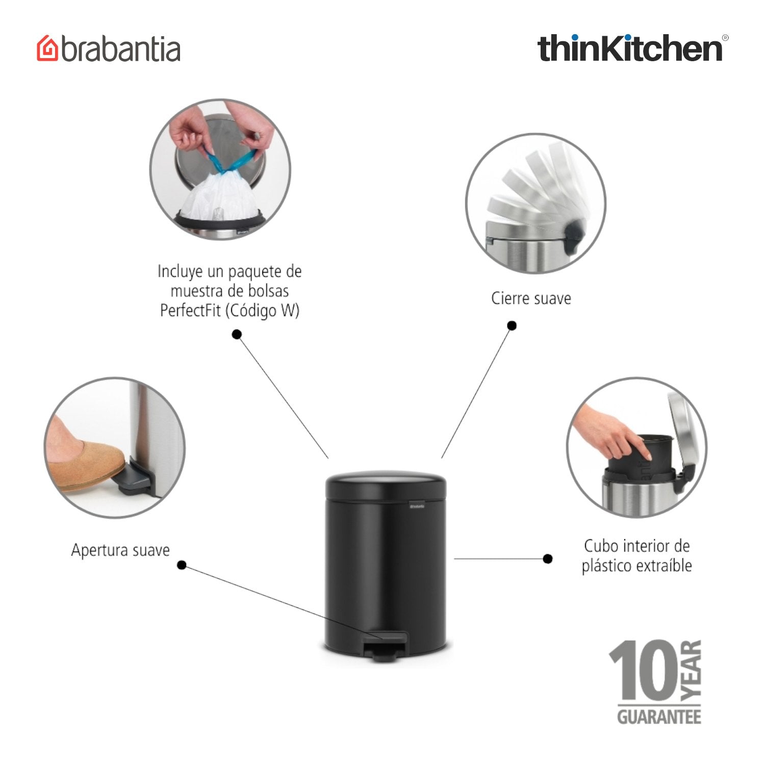 Brabantia Premium Waste Management Dustbin – NewIcon Pedal Bin, 5L Plastic Bucket, Matt Black, Soft-Close Lid - 7