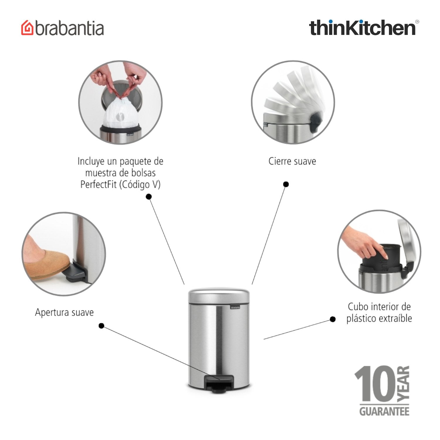 Brabantia, Waste Management, Dustbin, NewIcon Pedal Bin, 3 Litre, Plastic Bucket, Matt Steel - 4