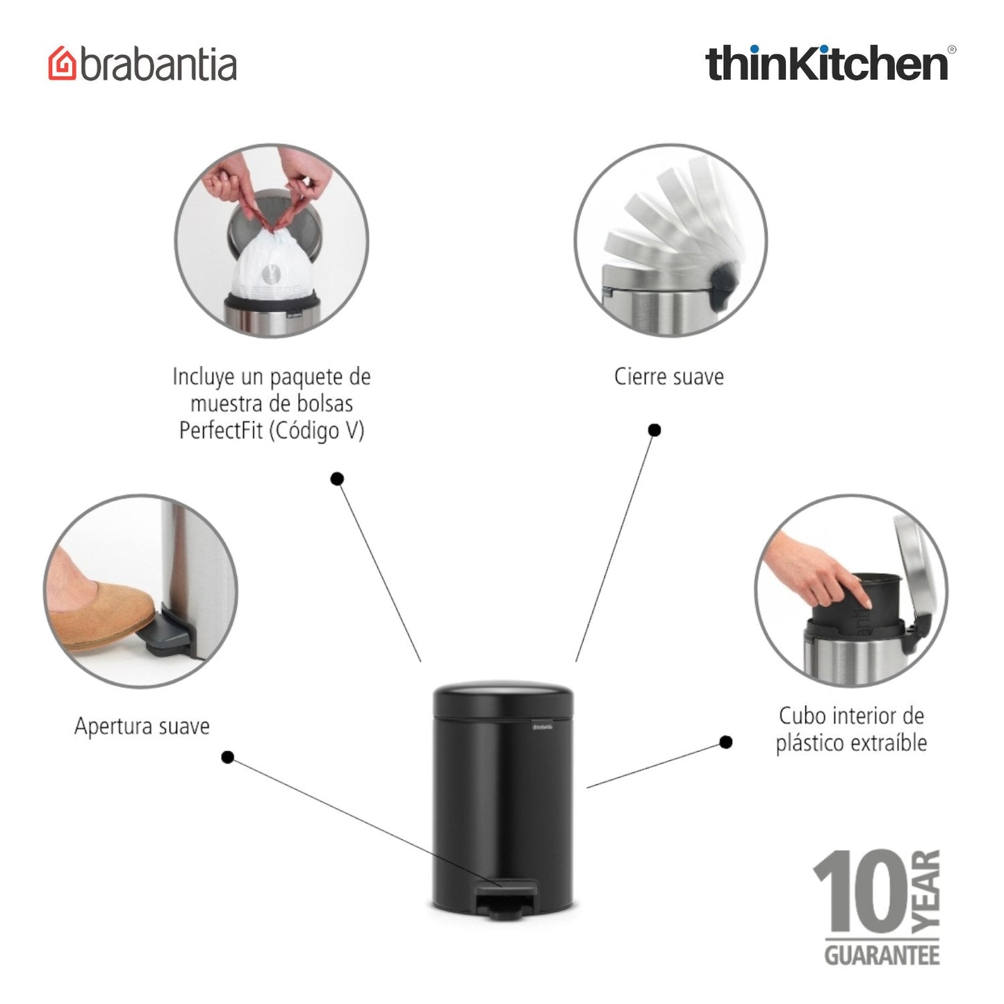 Brabantia, Waste Management, Dustbin, NewIcon Pedal Bin, 3 Litre, Plastic Bucket, Matt Black