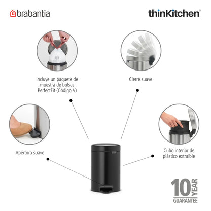Brabantia, Waste Management, Dustbin, NewIcon Pedal Bin, 3 Litre, Plastic Bucket, Matt Black