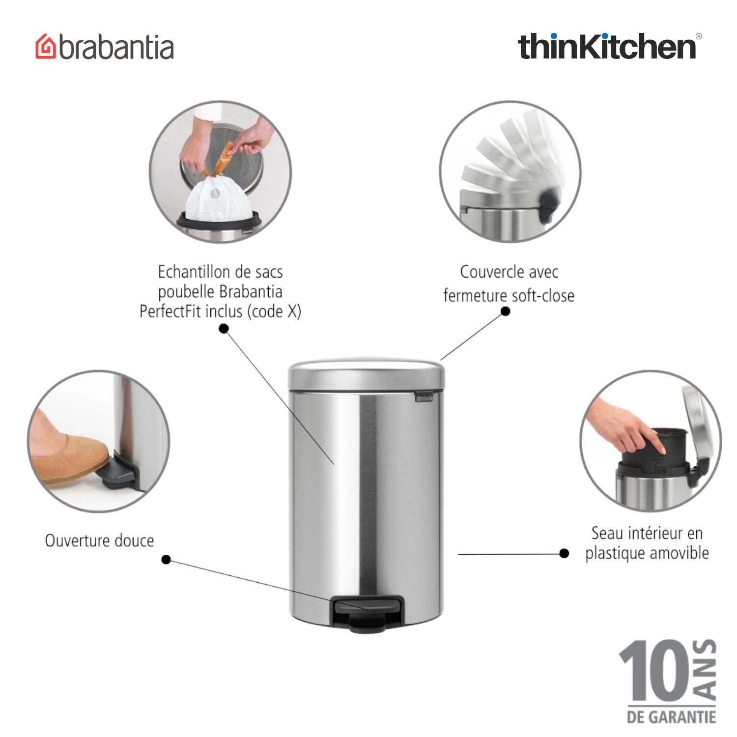 Brabantia, Waste Management, Dustbin, NewIcon Pedal Bin, 12 Litre, Plastic Bucket, Matt Steel - 4