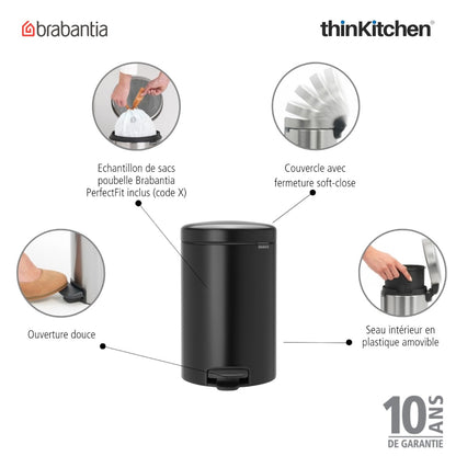 Brabantia, Waste Management, Dustbin, NewIcon Pedal Bin, 12 Litre, Plastic Bucket, Matt Black