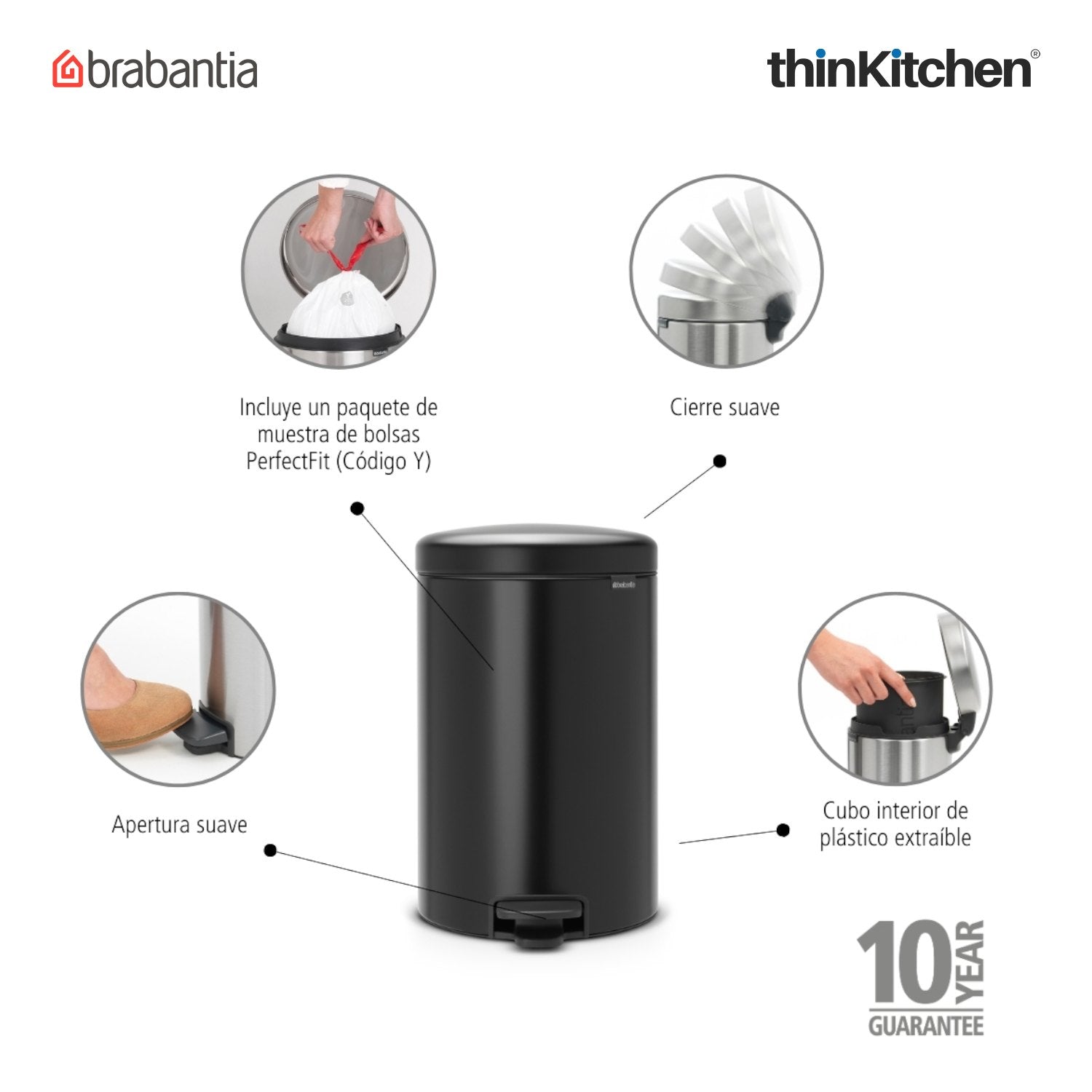 Brabantia NewIcon Pedal Bin 20 Litre – Matt Black Dustbin with Soft-Closure Lid & Removable Plastic Inner Bucket | Hygienic 20L Waste Bin for Kitchen & Living Room - 6