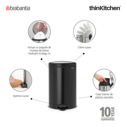 Brabantia NewIcon Pedal Bin 20 Litre – Matt Black Dustbin with Soft-Closure Lid & Removable Plastic Inner Bucket | Hygienic 20L Waste Bin for Kitchen & Living Room