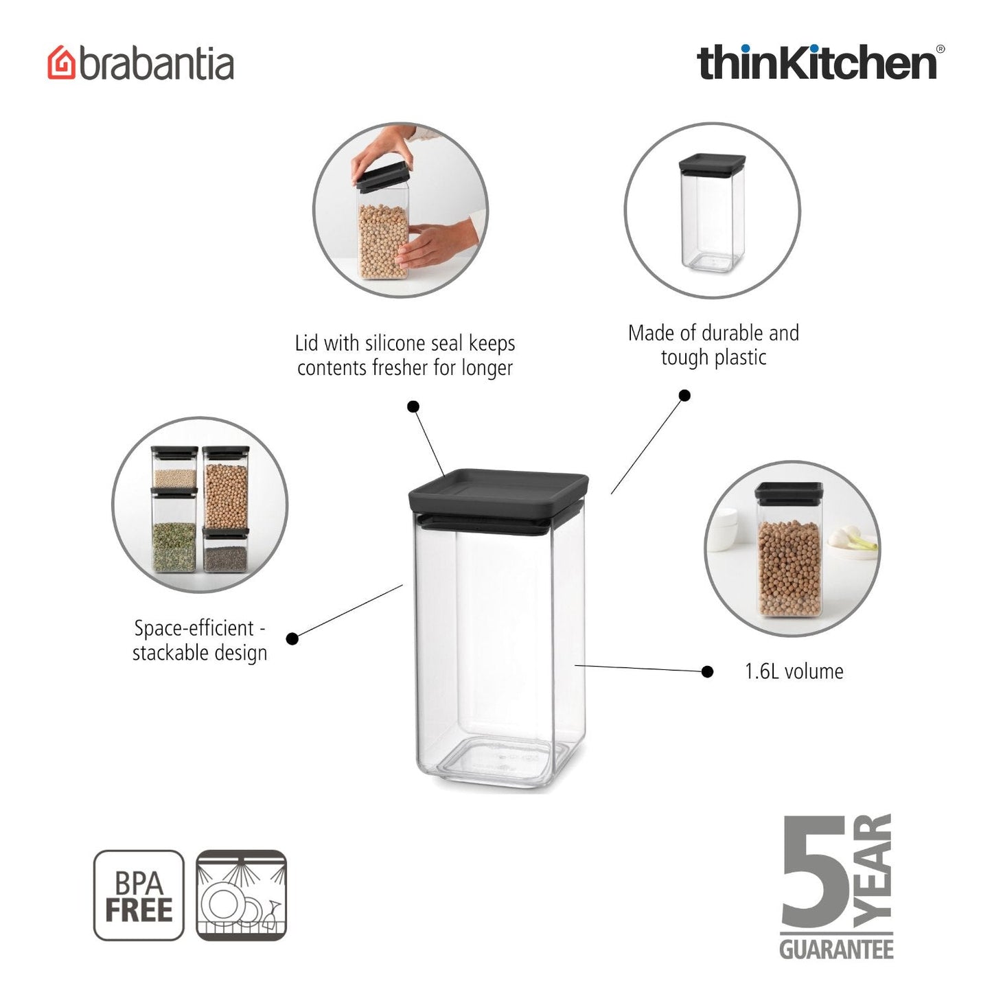 Brabantia Square Food Storage Canister 1.6 Litre | Stackable Kitchen Storage | Transparent