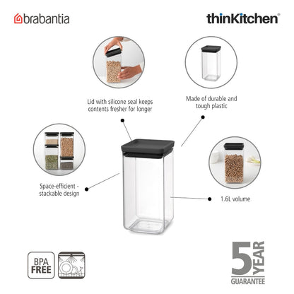 Brabantia Square Food Storage Canister 1.6 Litre | Stackable Kitchen Storage | Transparent