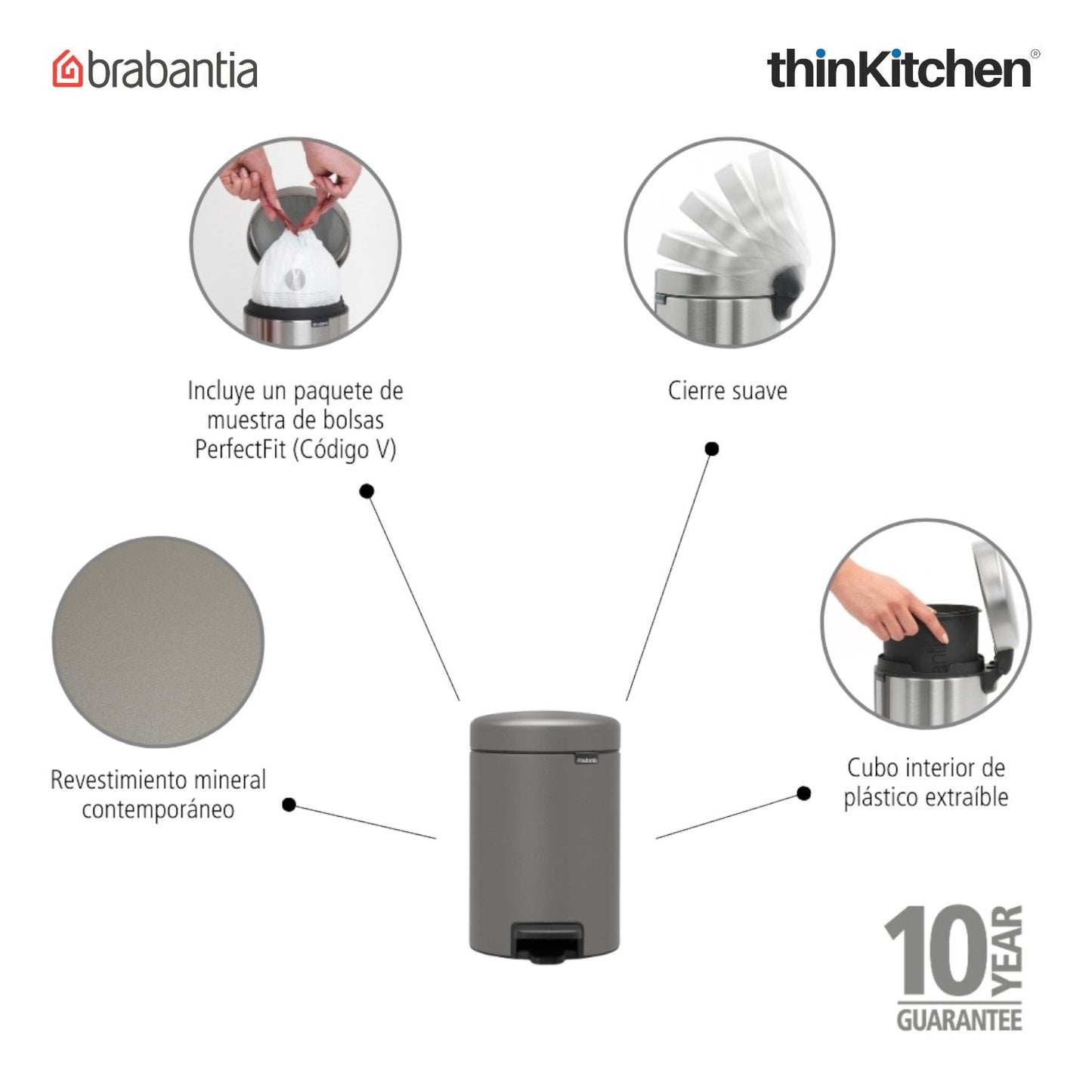 Brabantia, Waste Management, Dustbin, NewIcon Pedal Bin, 3 Litre, Plastic Bucket, Mineral Concrete Grey