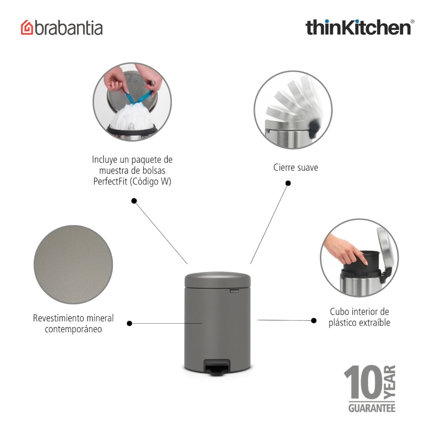 Brabantia, Waste Management, Dustbin, NewIcon Pedal Bin, 5 Litre, Plastic Bucket, Mineral Concrete Grey