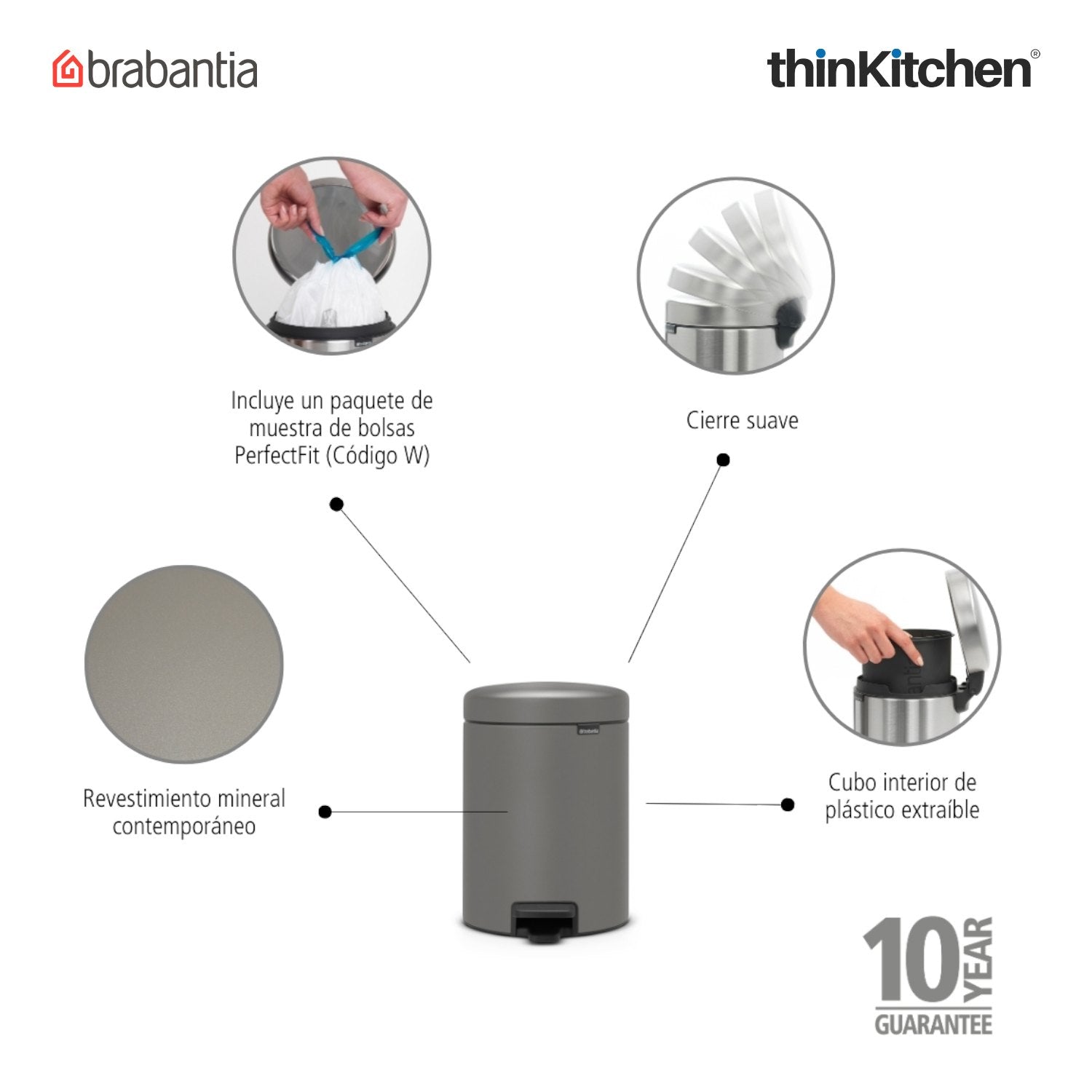 Brabantia, Waste Management, Dustbin, NewIcon Pedal Bin, 5 Litre, Plastic Bucket, Mineral Concrete Grey - 2